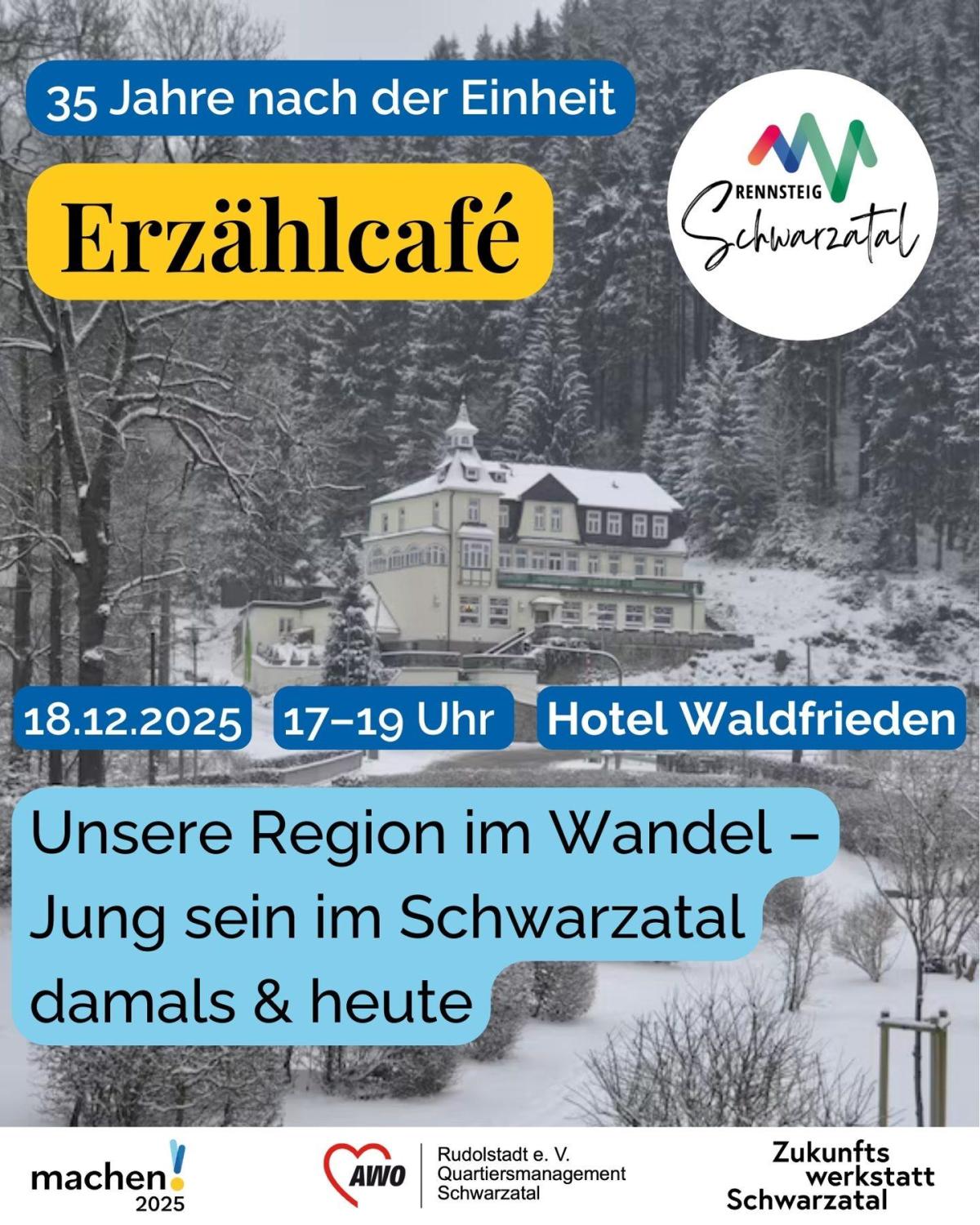 Plakat zum Erzählcafé „35 Jahre nach der Einheit“ am 18. Dezember 2025 im Hotel Waldfrieden