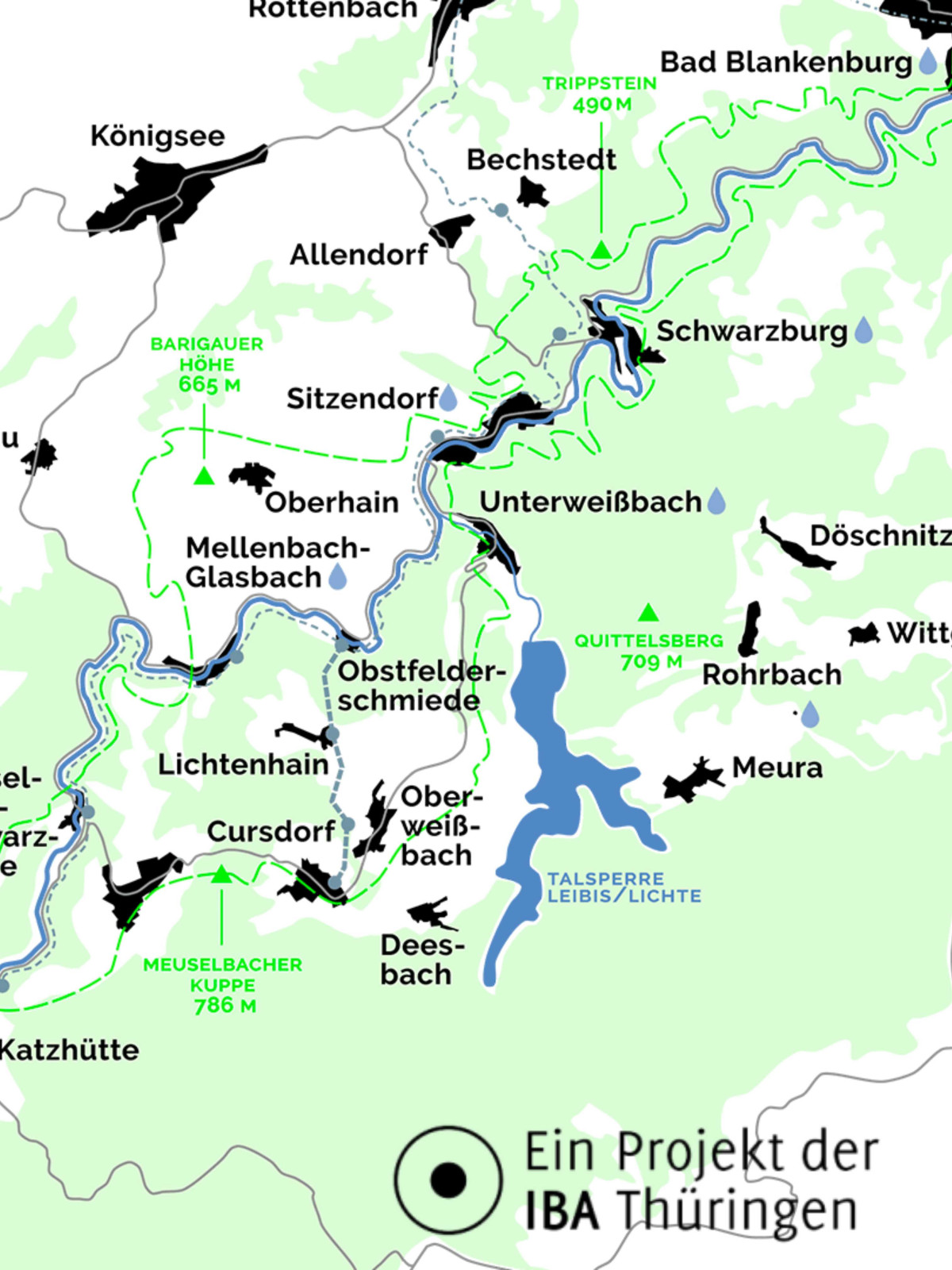 Karte des Schwarzatals mit den Orten, Hinweis: Ein Projekt der IBA Thüringen